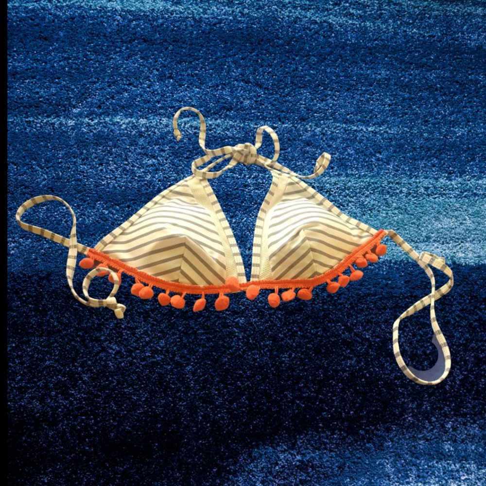 COCOSHIP GREY STRIPE AND CORAL FRINGE HALTER BIKINI TOP  SIZE 8